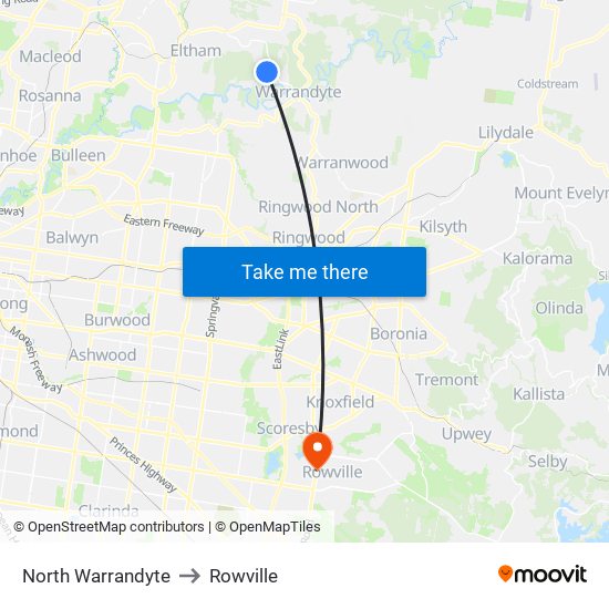 North Warrandyte to Rowville map