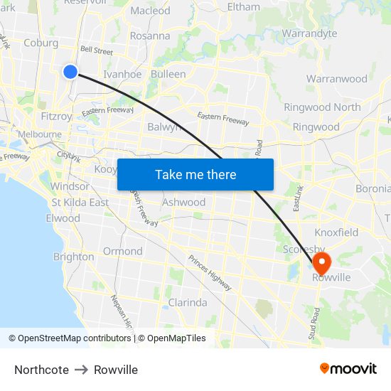 Northcote to Rowville map