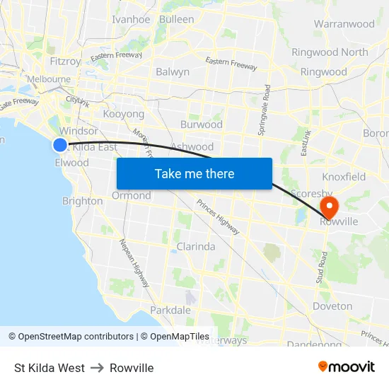 St Kilda West to Rowville map