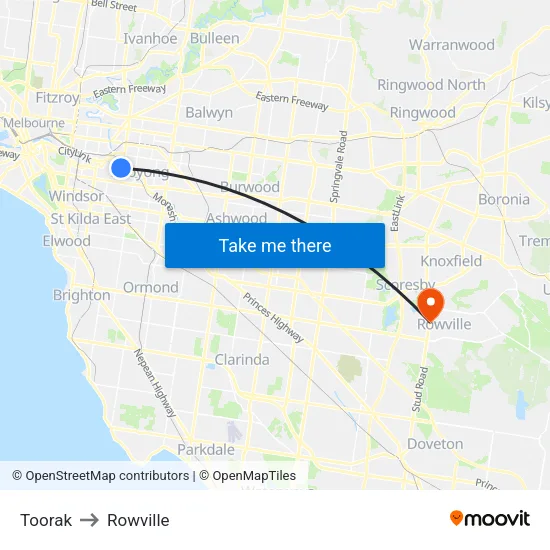 Toorak to Rowville map