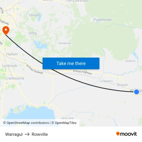 Warragul to Rowville map