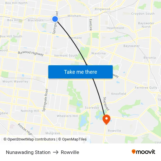 Nunawading Station to Rowville map