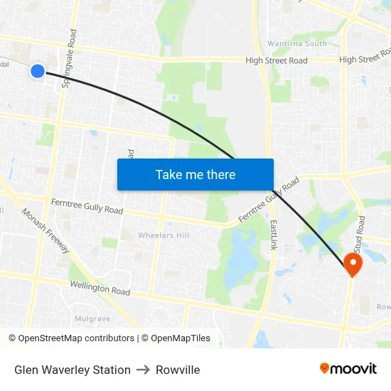 Glen Waverley Station to Rowville map