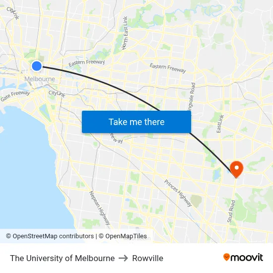 The University of Melbourne to Rowville map