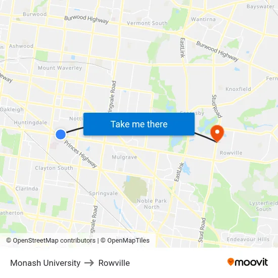 Monash University to Rowville map