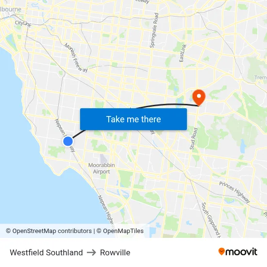 Westfield Southland to Rowville map