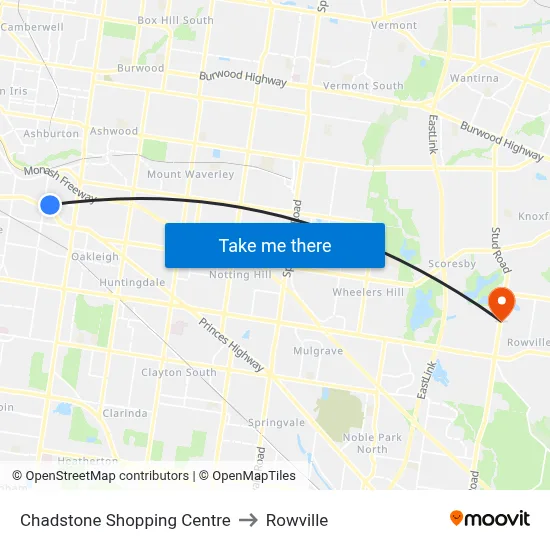 Chadstone Shopping Centre to Rowville map
