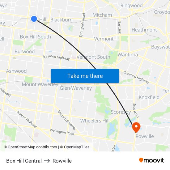 Box Hill Central to Rowville map