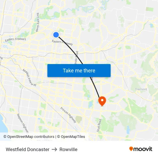 Westfield Doncaster to Rowville map