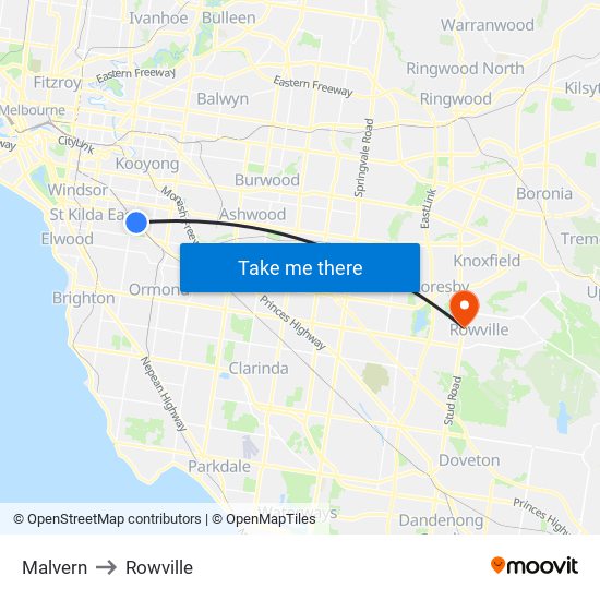 Malvern to Rowville map