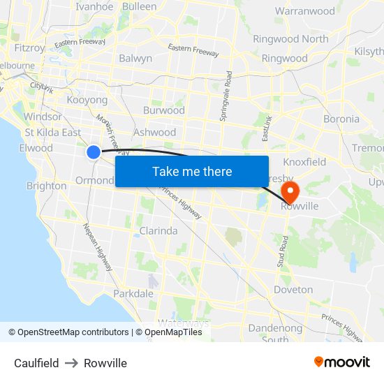 Caulfield to Rowville map