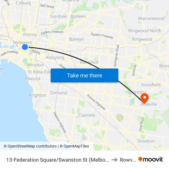 13-Federation Square/Swanston St (Melbourne City) to Rowville map