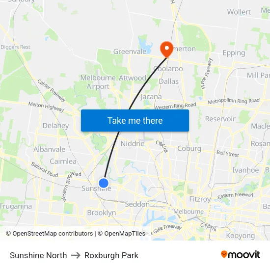 Sunshine North to Roxburgh Park map