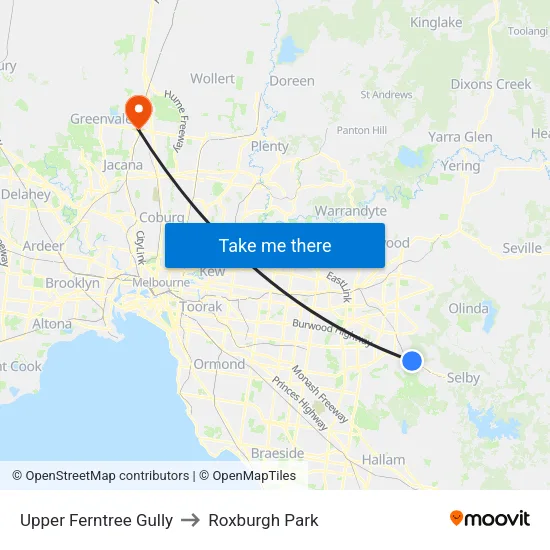 Upper Ferntree Gully to Roxburgh Park map