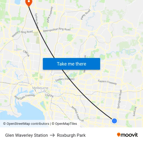 Glen Waverley Station to Roxburgh Park map