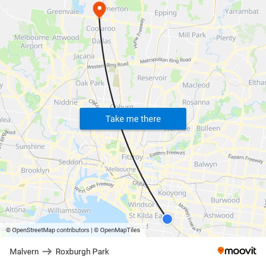 Malvern to Roxburgh Park map