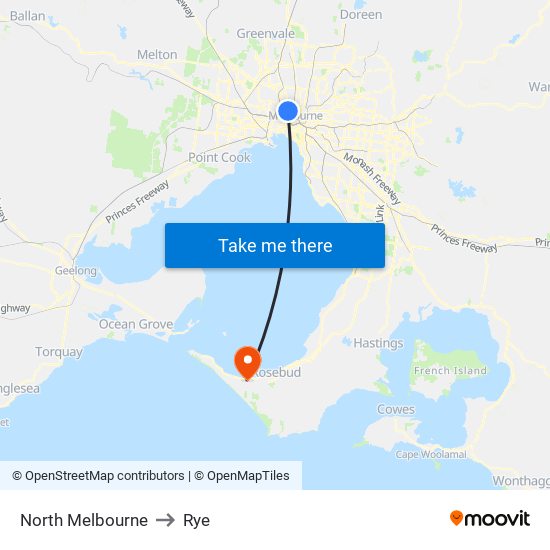 North Melbourne to Rye map