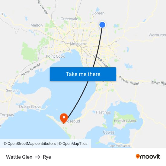 Wattle Glen to Rye map