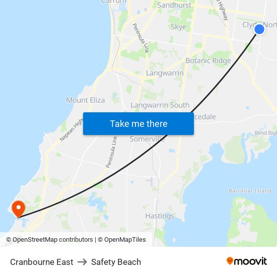 Cranbourne East to Safety Beach map