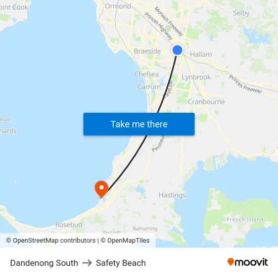 Dandenong South to Safety Beach map