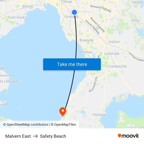 Malvern East to Safety Beach map