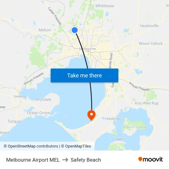 Melbourne Airport MEL to Safety Beach map
