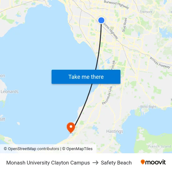 Monash University Clayton Campus to Safety Beach map