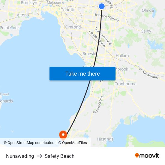 Nunawading to Safety Beach map