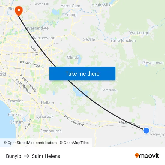 Bunyip to Saint Helena map