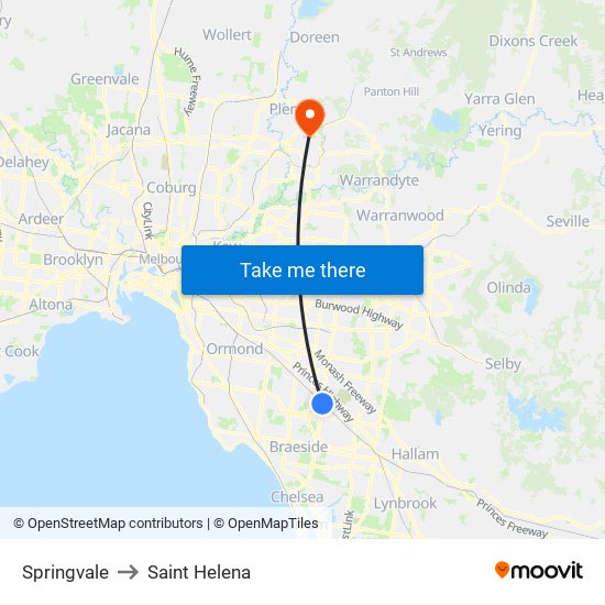 Springvale to Saint Helena map