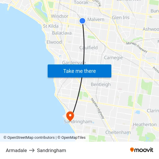 Armadale to Sandringham map