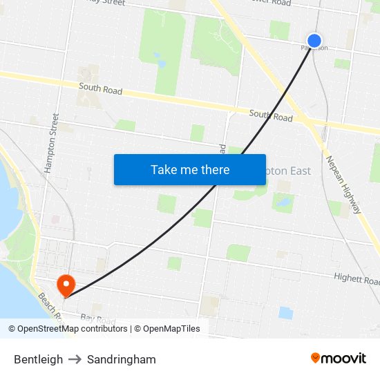 Bentleigh to Sandringham map