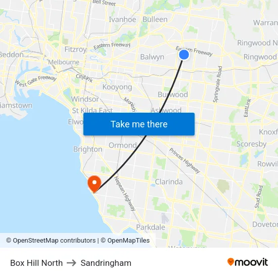 Box Hill North to Sandringham map