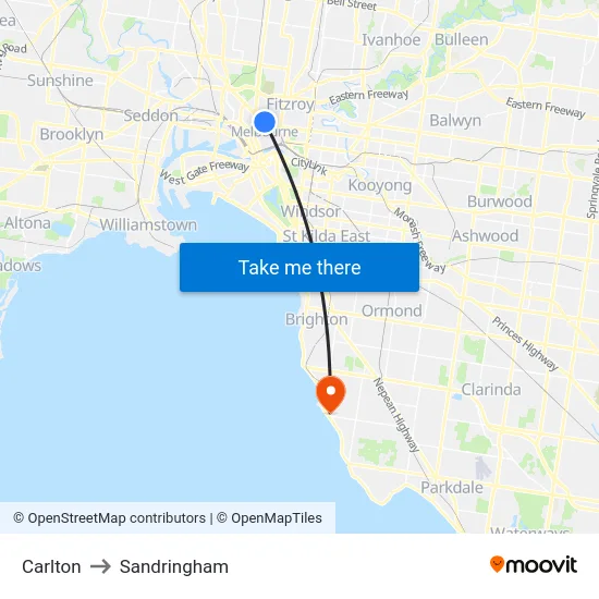 Carlton to Sandringham map