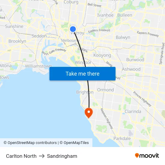Carlton North to Sandringham map