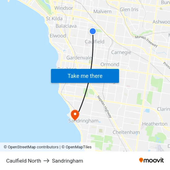 Caulfield North to Sandringham map