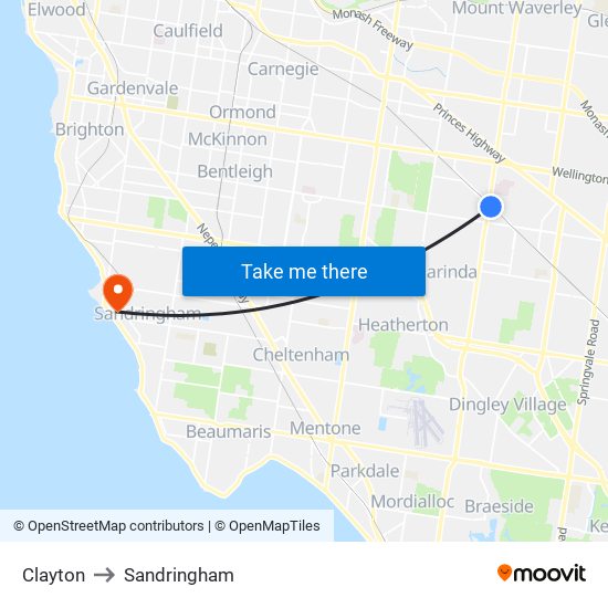 Clayton to Sandringham map