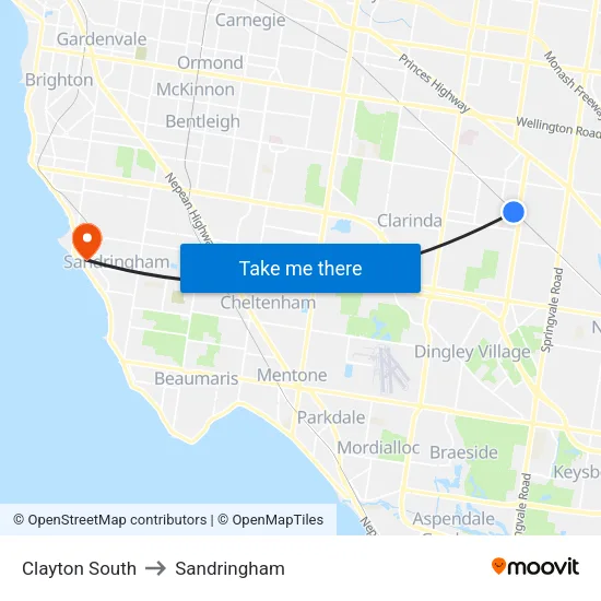 Clayton South to Sandringham map