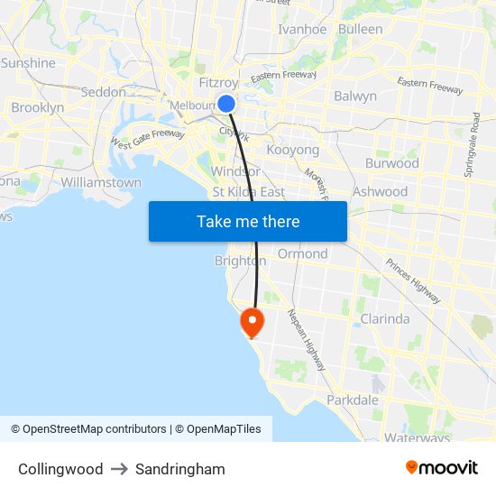 Collingwood to Sandringham map