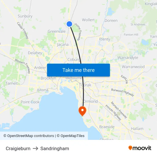 Craigieburn to Sandringham map
