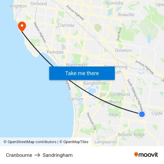 Cranbourne to Sandringham map