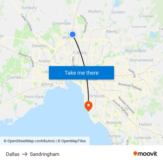 Dallas to Sandringham map