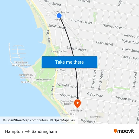 Hampton to Sandringham map