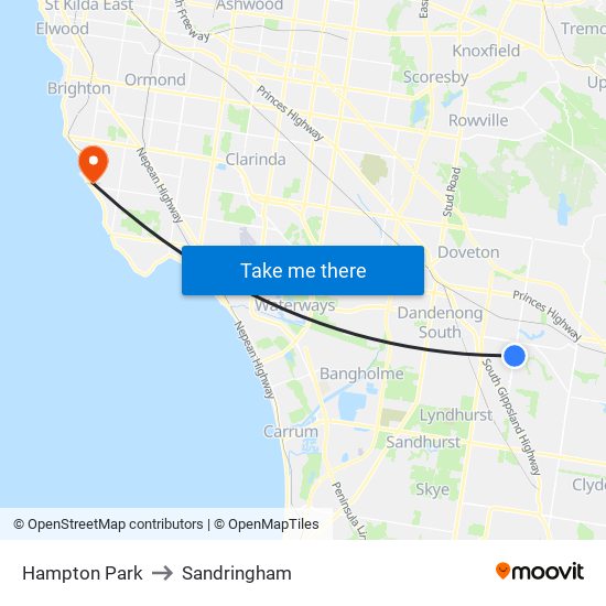 Hampton Park to Sandringham map