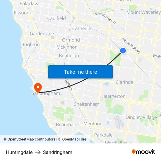 Huntingdale to Sandringham map