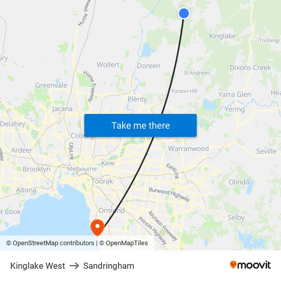 Kinglake West to Sandringham map