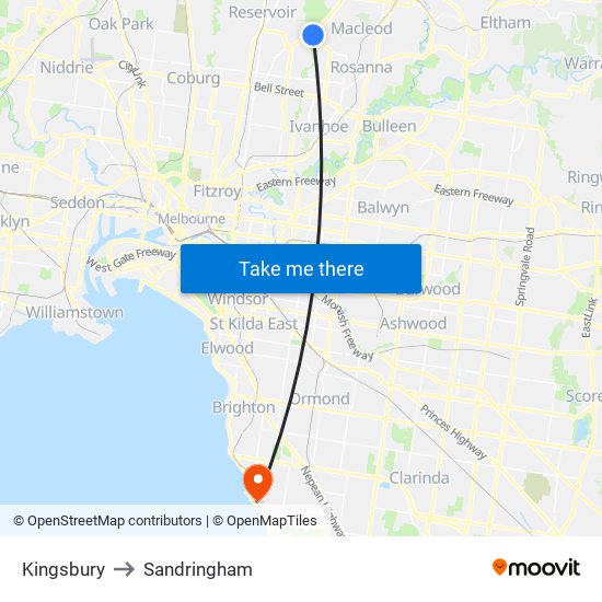 Kingsbury to Sandringham map