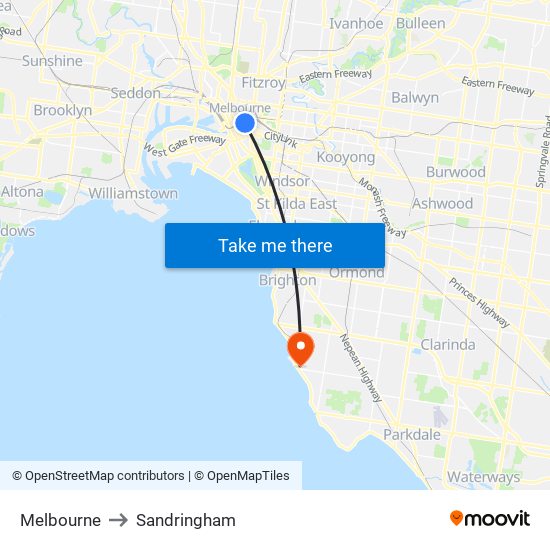 Melbourne to Sandringham map