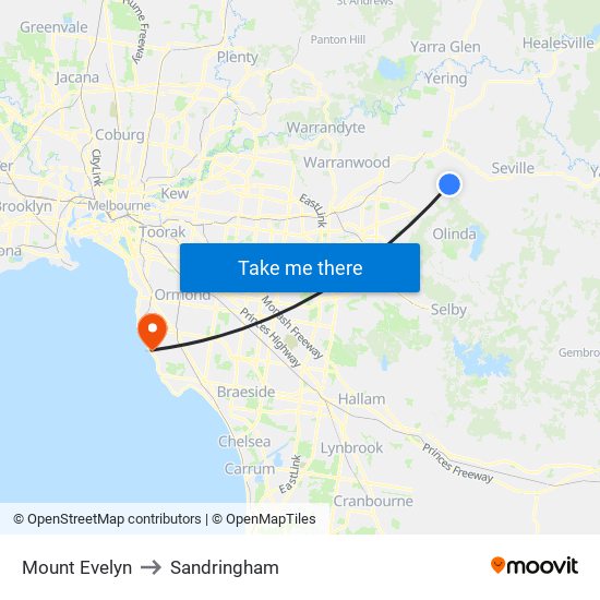 Mount Evelyn to Sandringham map