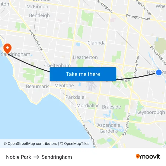 Noble Park to Sandringham map